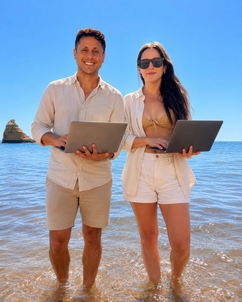 chiri y aye trabajando en la playa, gracias a la IA